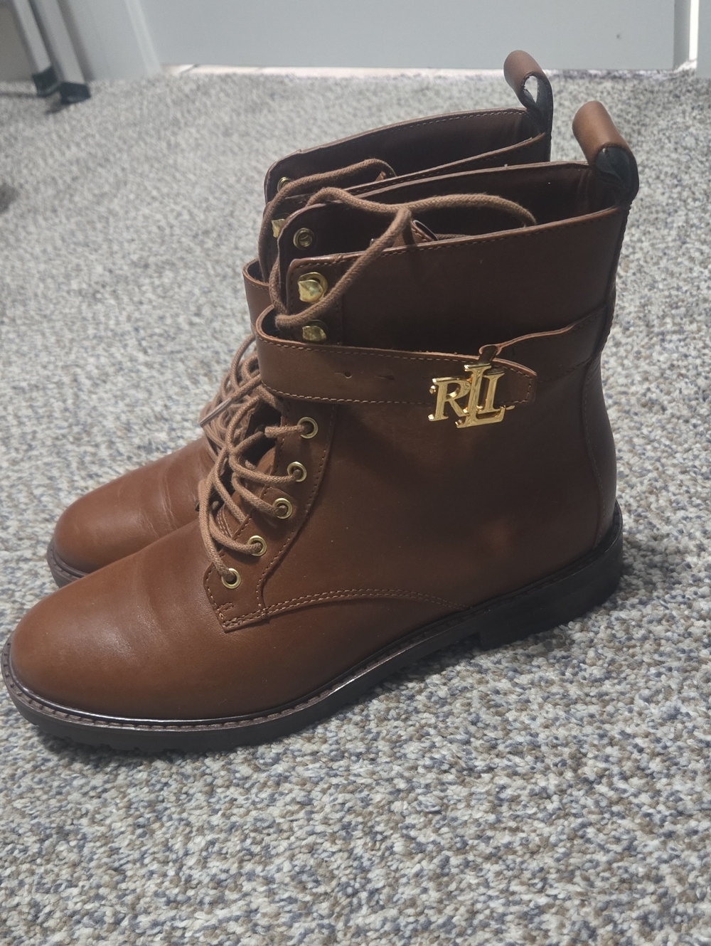 Ralph Lauren Tan Leather Lace-Up Combat Boots with Gold RL Accent